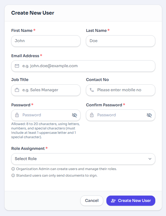 Create New User screen