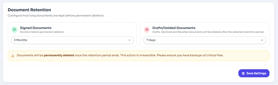 Document retention settings section with Save Settings button