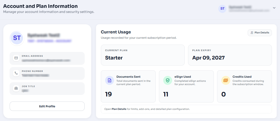 My Account page showing profile and current usage cards
