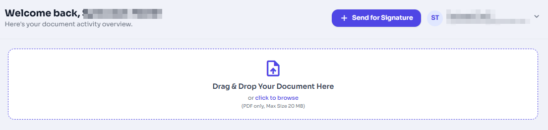 Dashboard upload area with PDF size and page limit information
