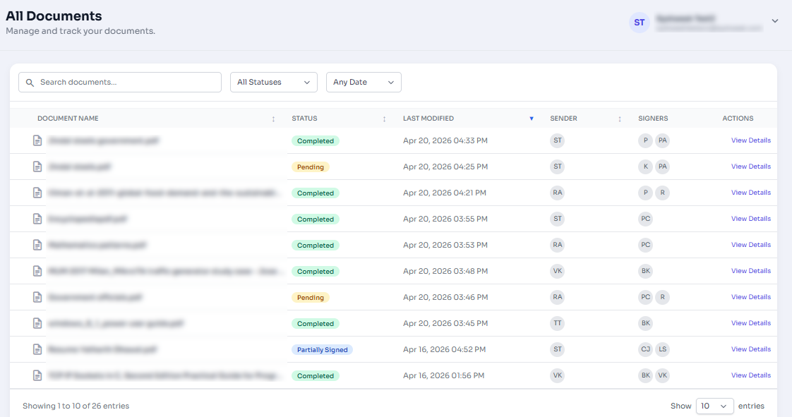 Document list action column showing View Details