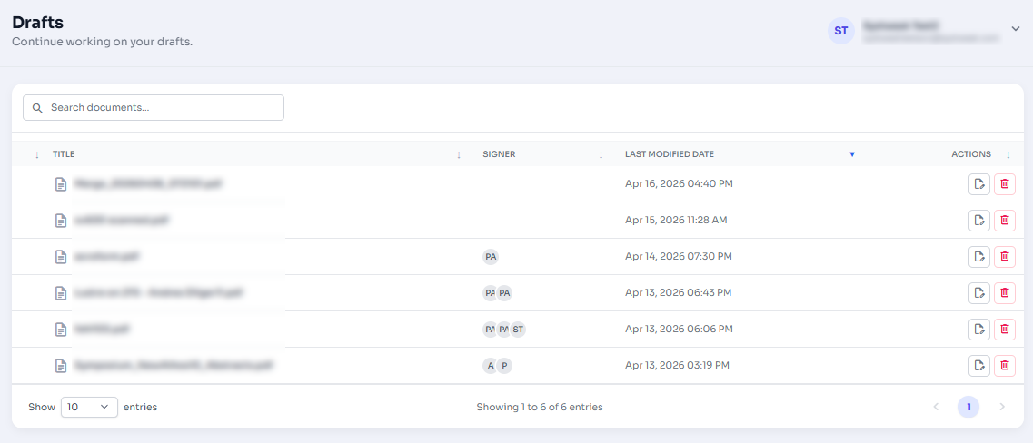 Drafts list with Open action