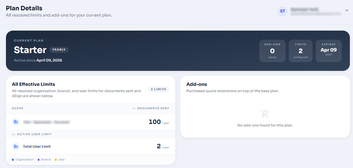 Plan Details effective limits and add-ons sections